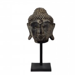 BUDDHA HEAD ON STAND ANTIQUE FINISH WOOD     - DECOR OBJECTS